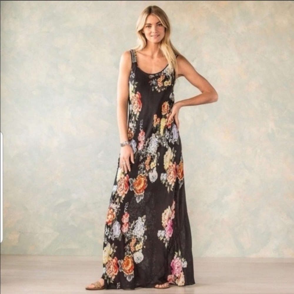 Johnny Was XS black silk floral print maxi dress